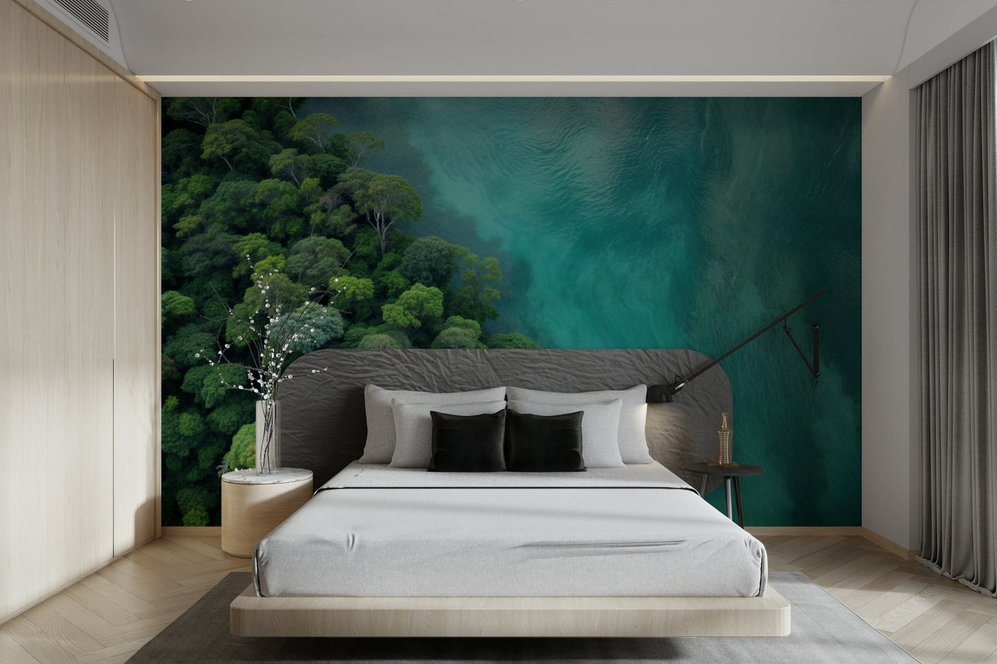 The water is a vibrant, clear emerald color.

