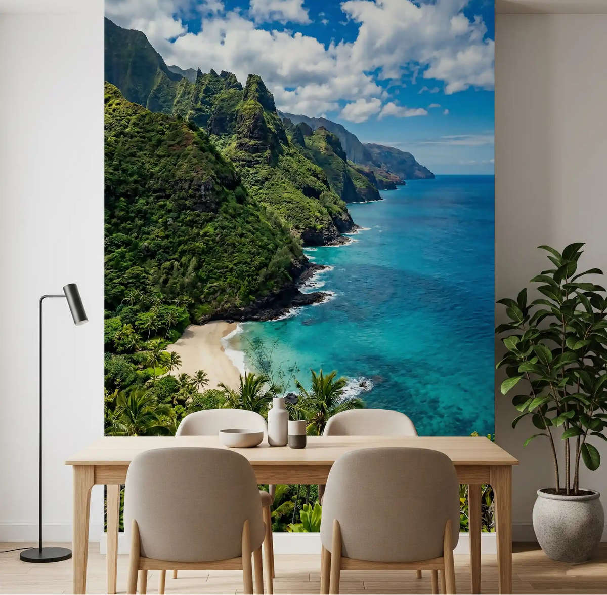 The dining area includes a wood table and chairs next to the Emerald Cliffs Wall Mural., GD9103