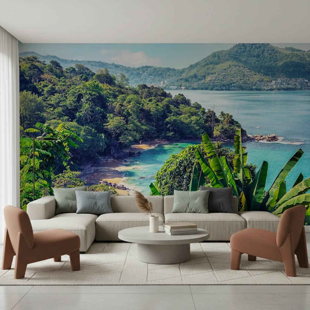 Emerald Coast Wall Mural creates a breezy coastal setting for this relaxed lounge area