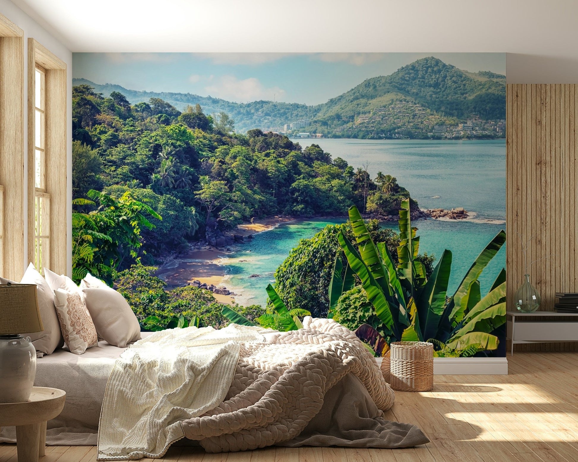 In this bedroom, Emerald Coast Wall Mural adds layered greenery and calm water depth