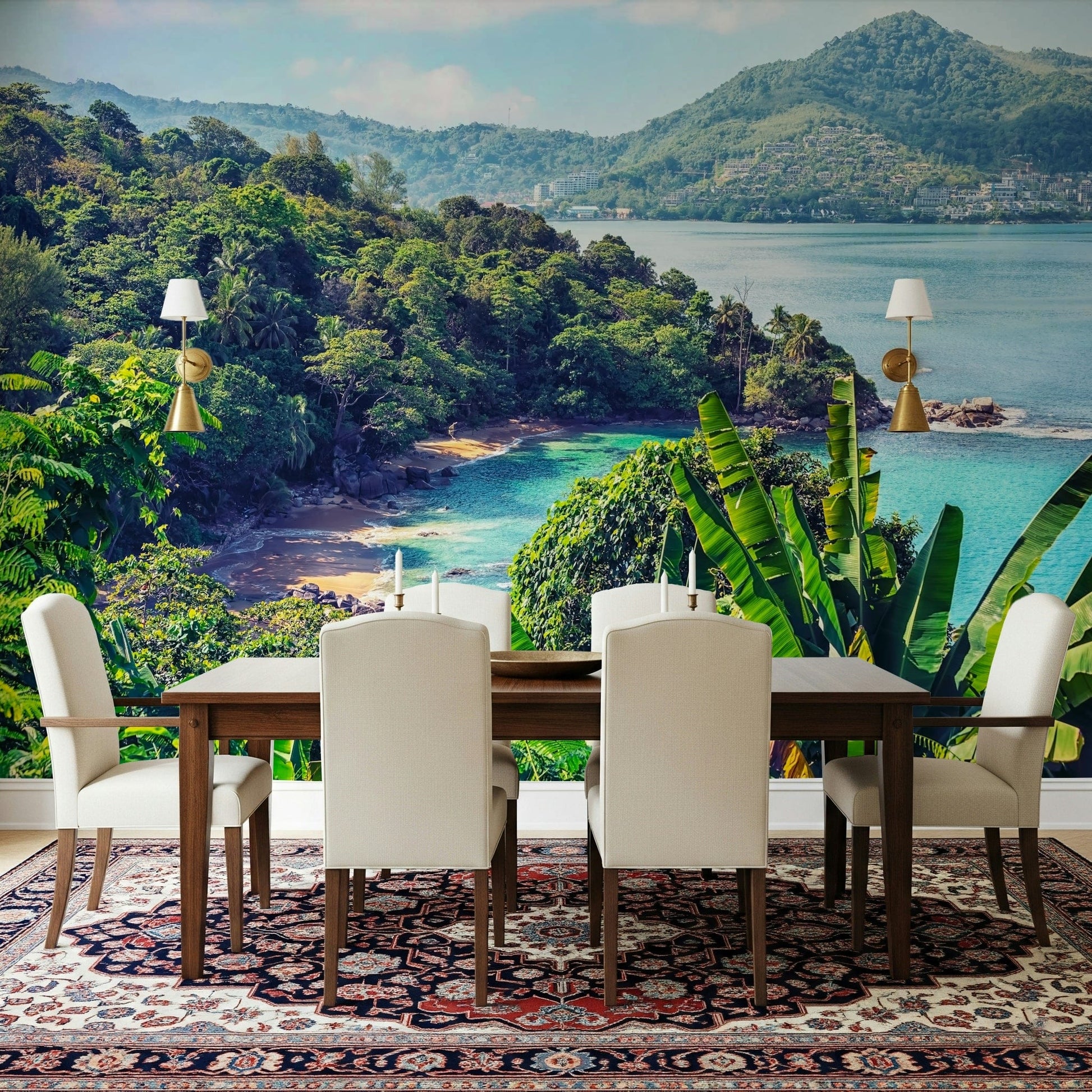 A dining space softened by Emerald Coast Wall Mural and sunlit shoreline scenery