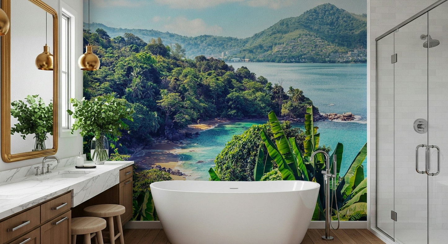 A bright bathroom framed by Emerald Coast Wall Mural and lush tropical bay views