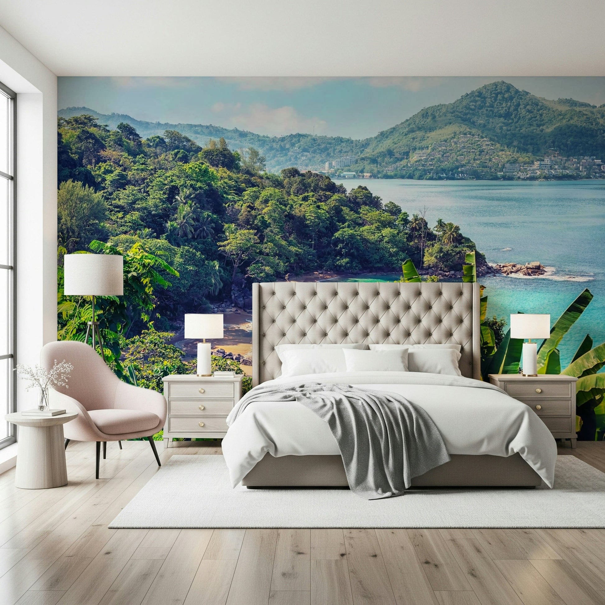 Emerald Coast Wall Mural gives this bedroom a serene tropical-waterfront mood