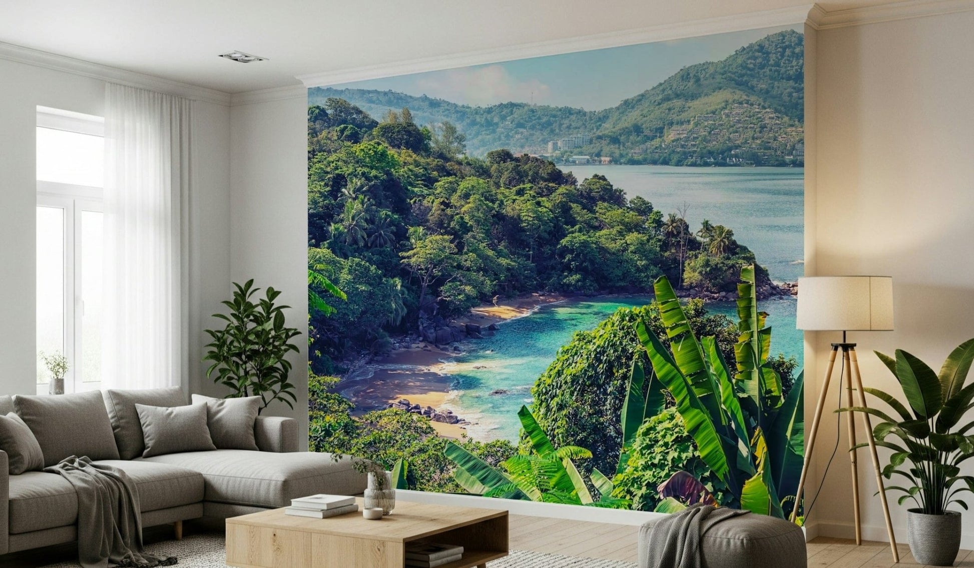 Emerald Coast Wall Mural gives this lounge a fresh island-coast backdrop