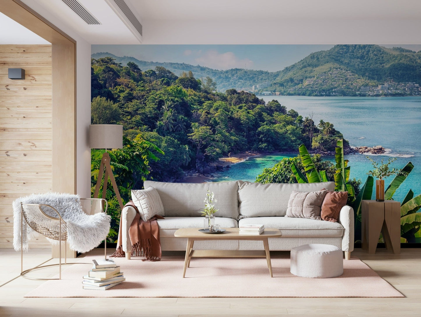 Emerald Coast Wall Mural brings tropical hillside calm into this warm sitting room