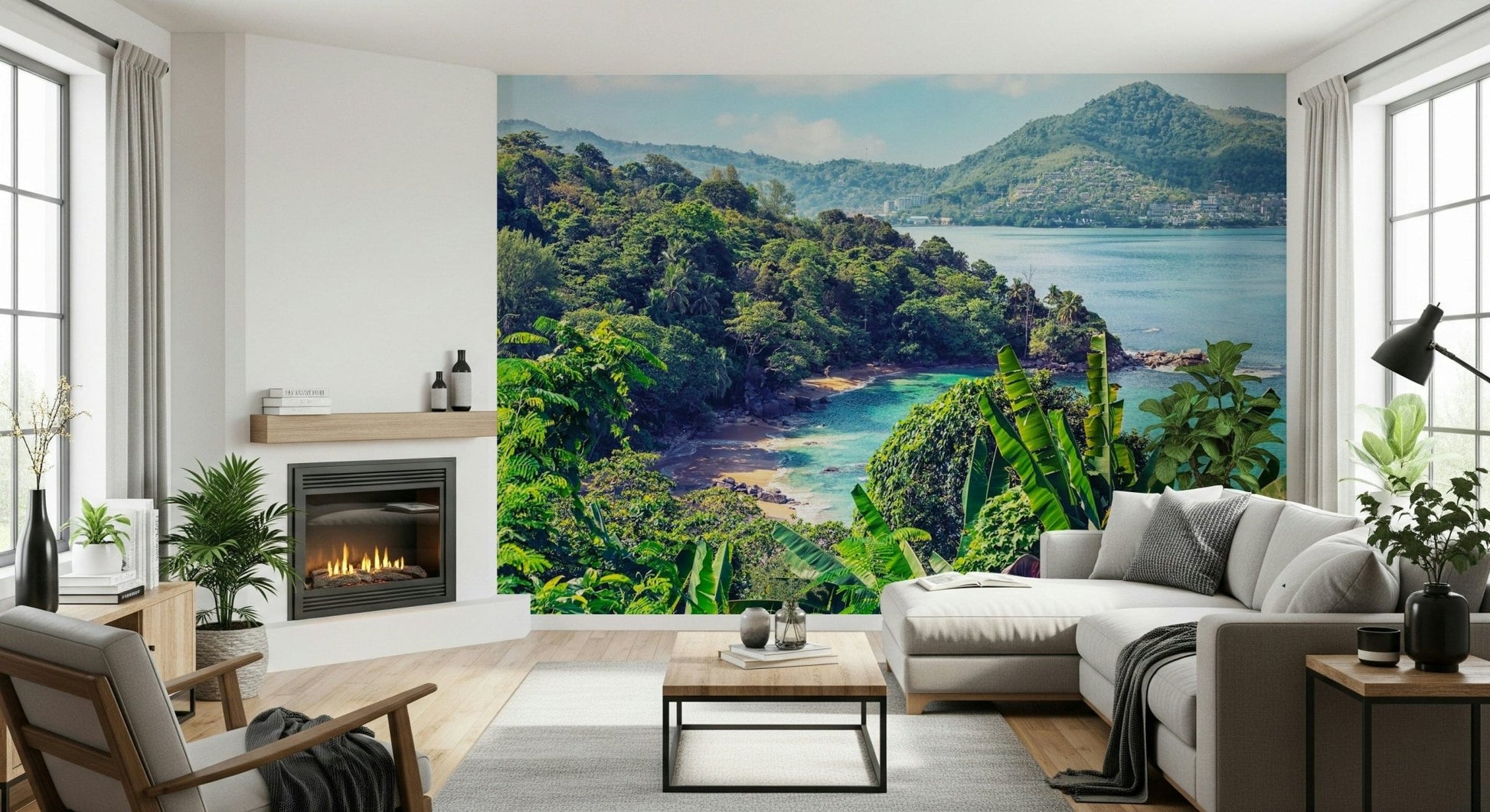 This living room feels more open with Emerald Coast Wall Mural and vivid bay tones
