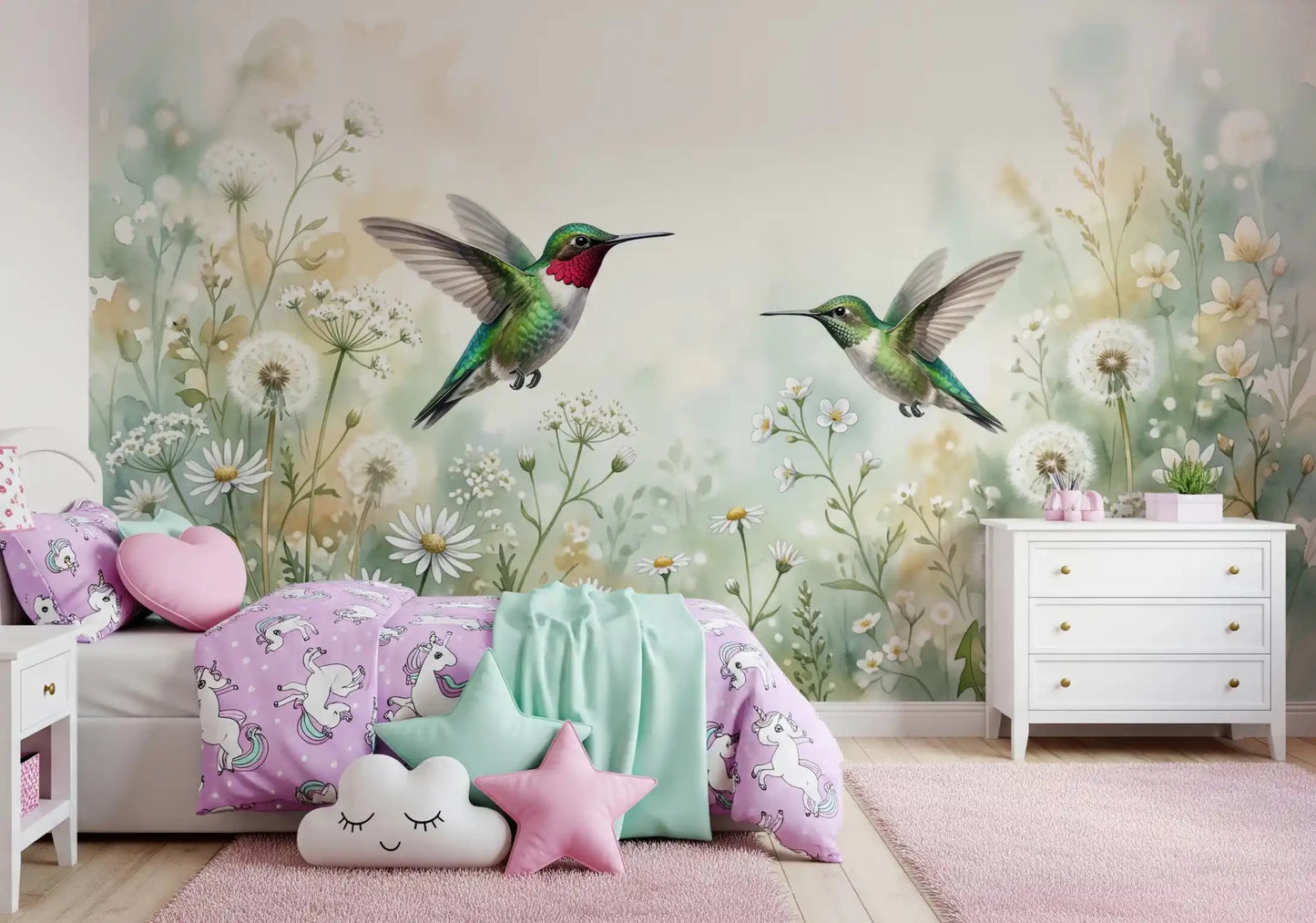 Emerald Dance in Watercolor Meadow Wall Mural