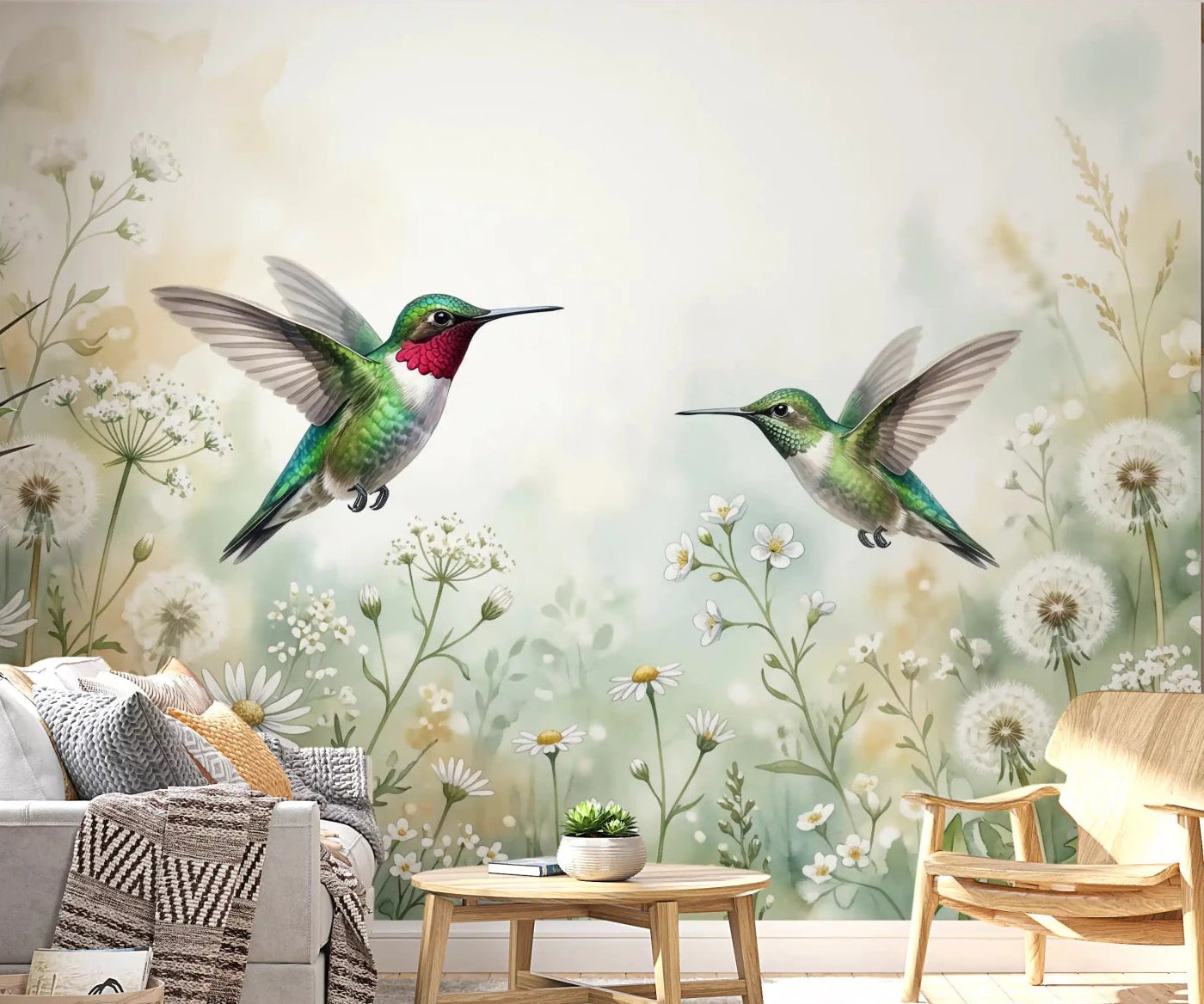 Living room with Emerald Dance in Watercolor Meadow wall mural and hummingbirds, GD9016