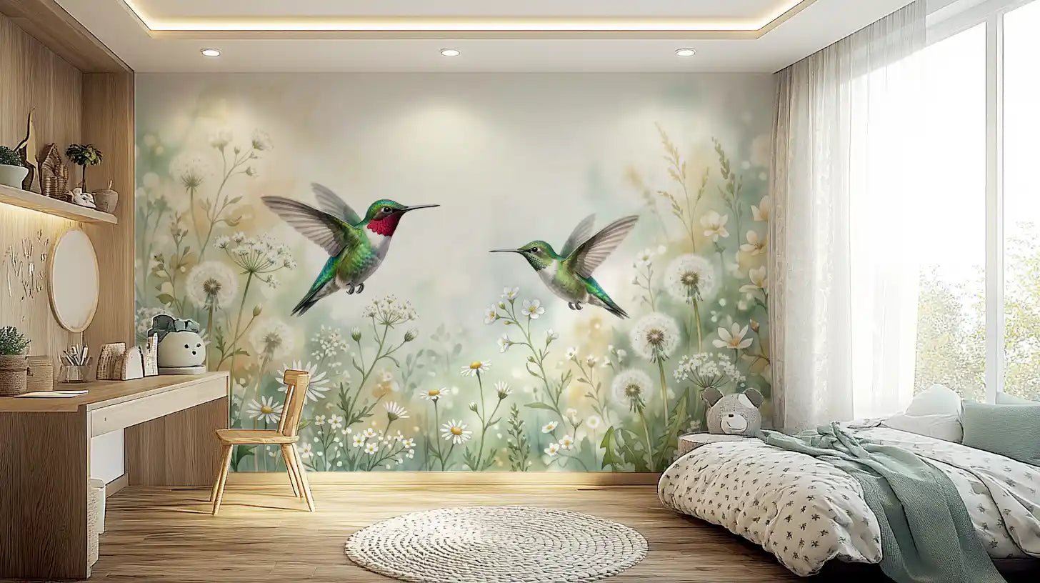 Emerald Dance in Watercolor Meadow Wall Mural