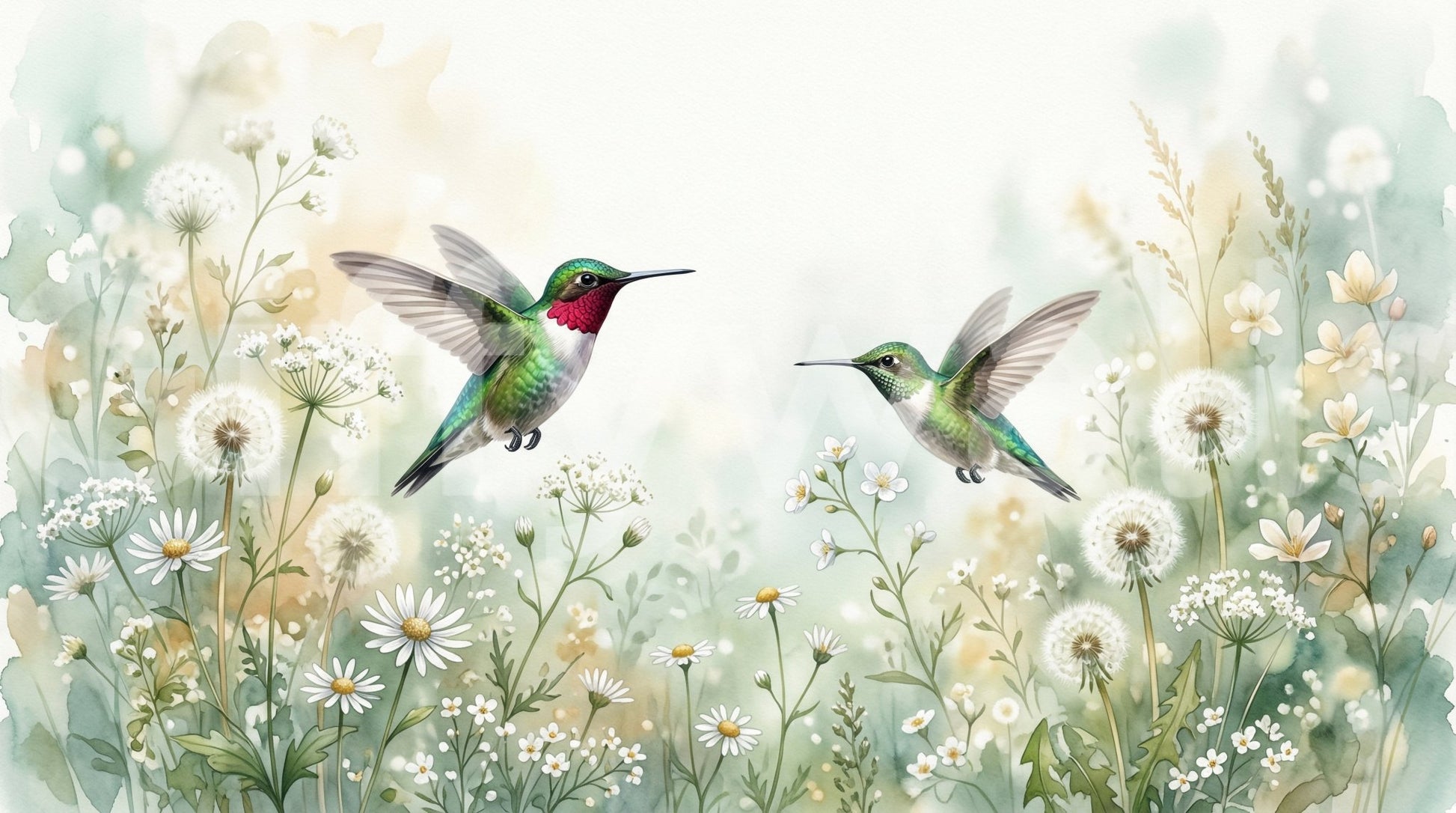 Emerald Dance in Watercolor Meadow Wall Mural