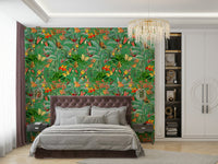 Vibrant green tropical wallpaper with lush botanical patterns

