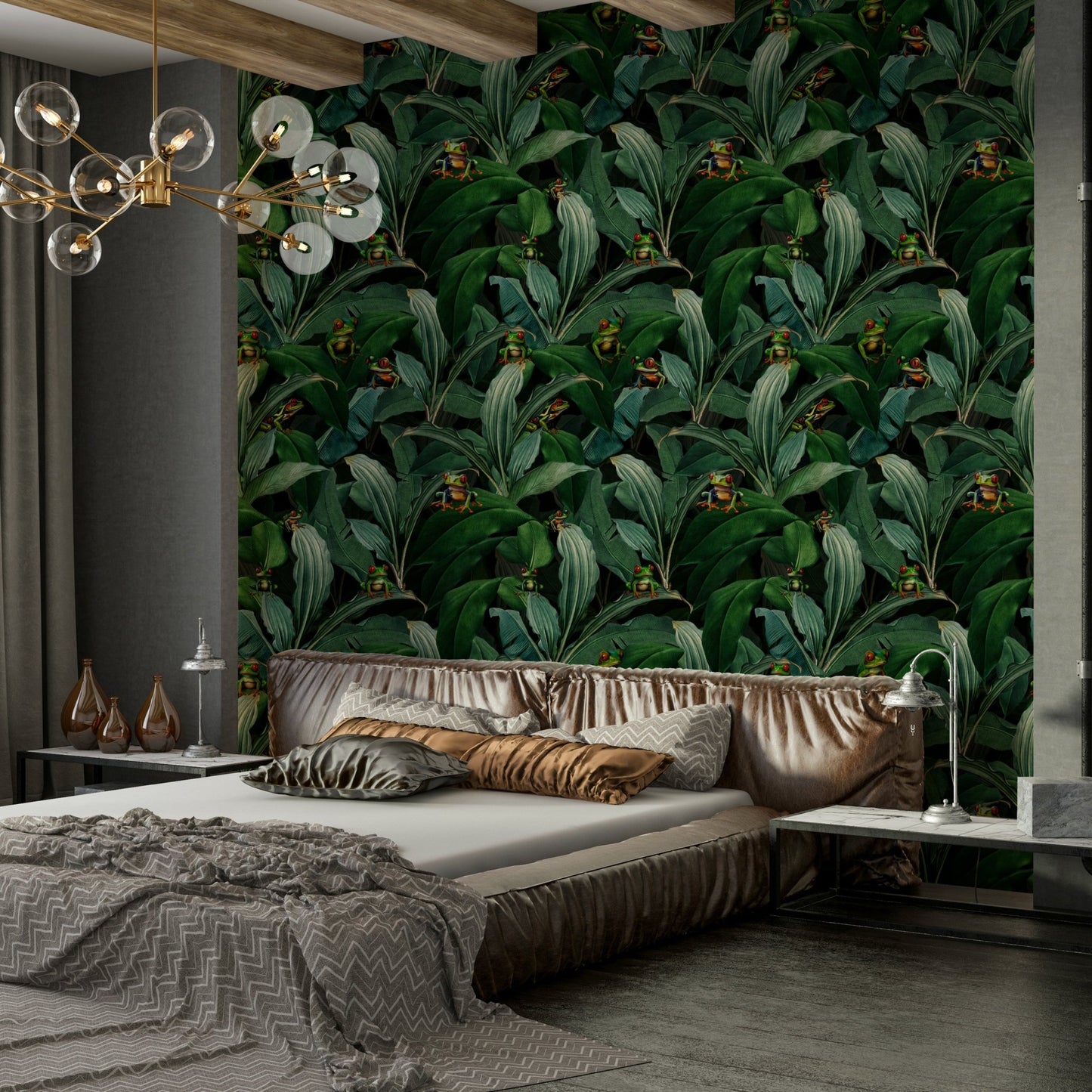 Intricate jungle wallpaper with glowing emerald eyes., GD1381