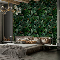 Intricate jungle wallpaper with glowing emerald eyes., GD1381