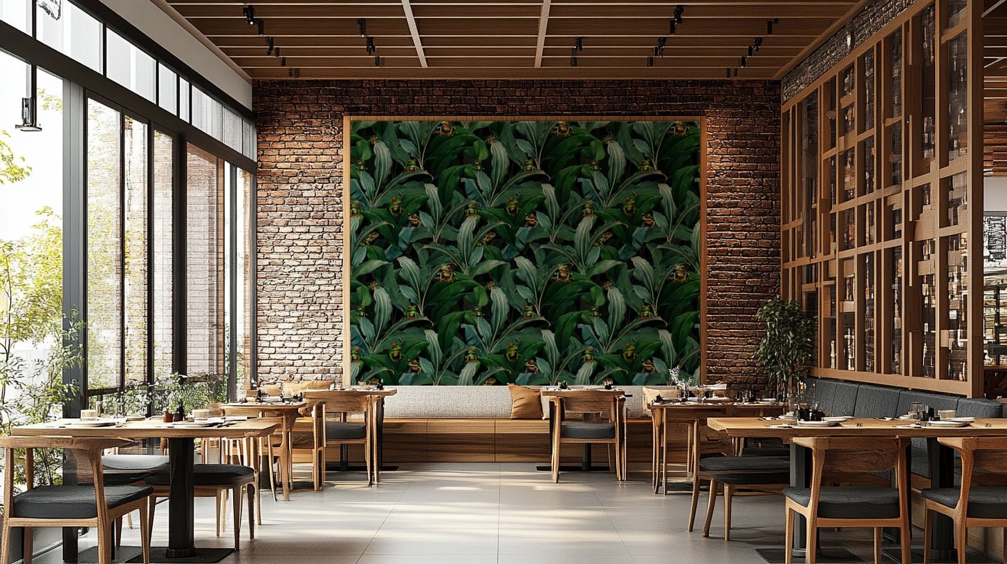 Emerald eyes peering from the jungle leaves wallpaper design., GD1381