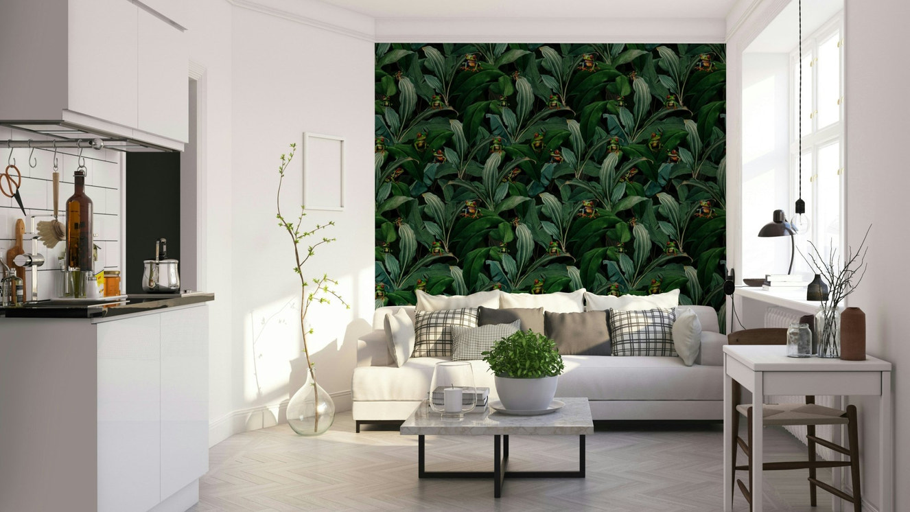 Lush emerald green jungle wallpaper with vivid eyes.


