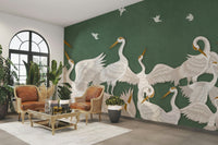 The design features a repeating pattern of graceful, flying birds.


