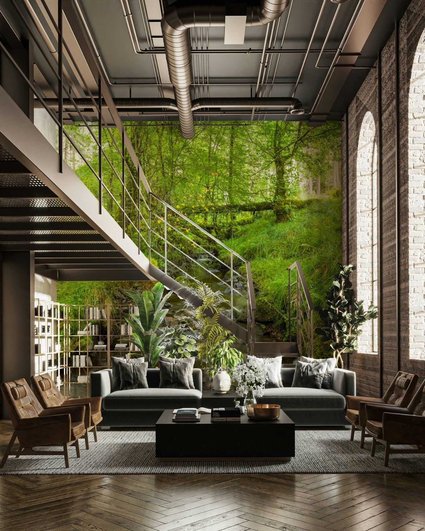 The mural gives a feeling of being in a quiet forest.

