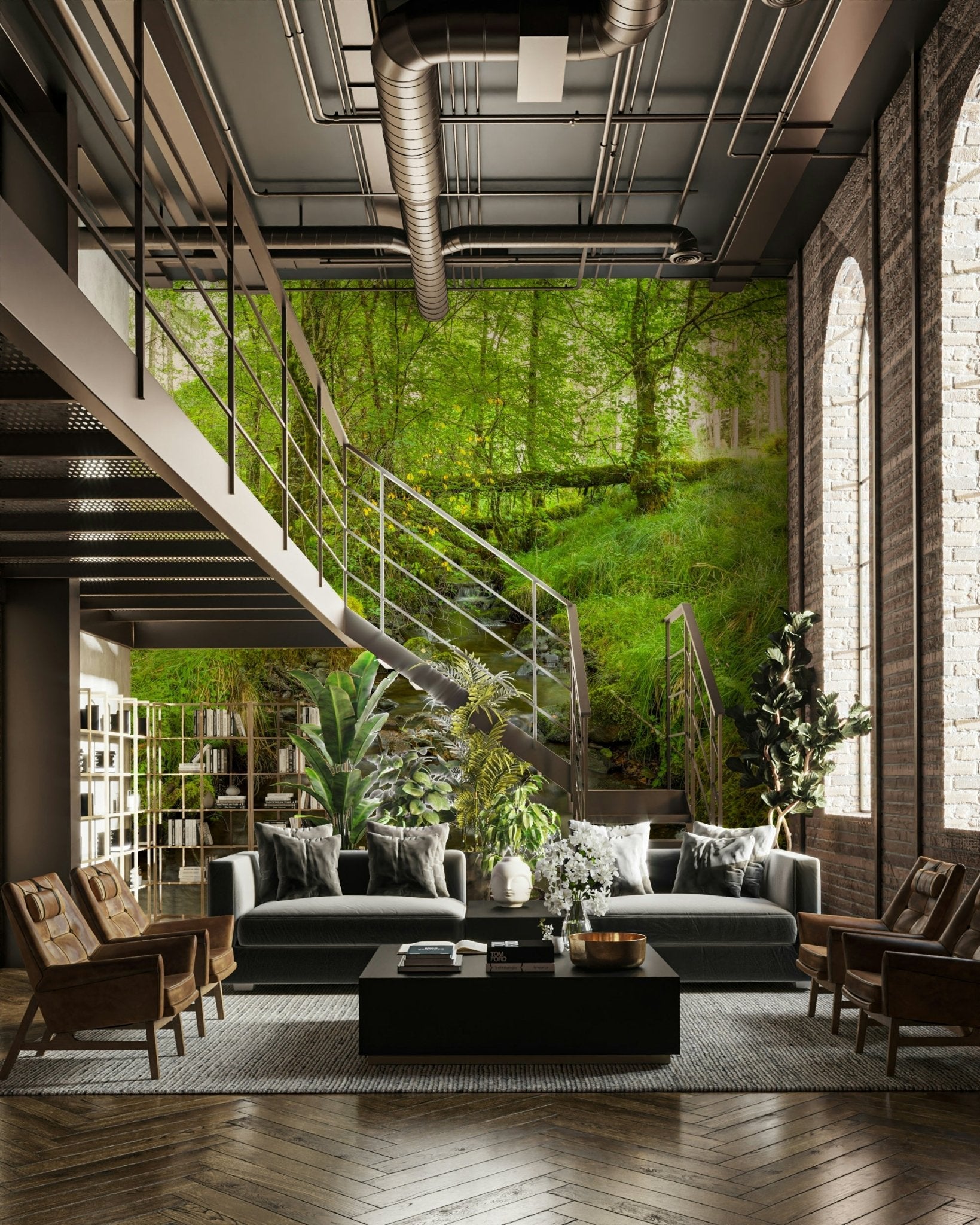 The mural gives a feeling of being in a quiet forest.

