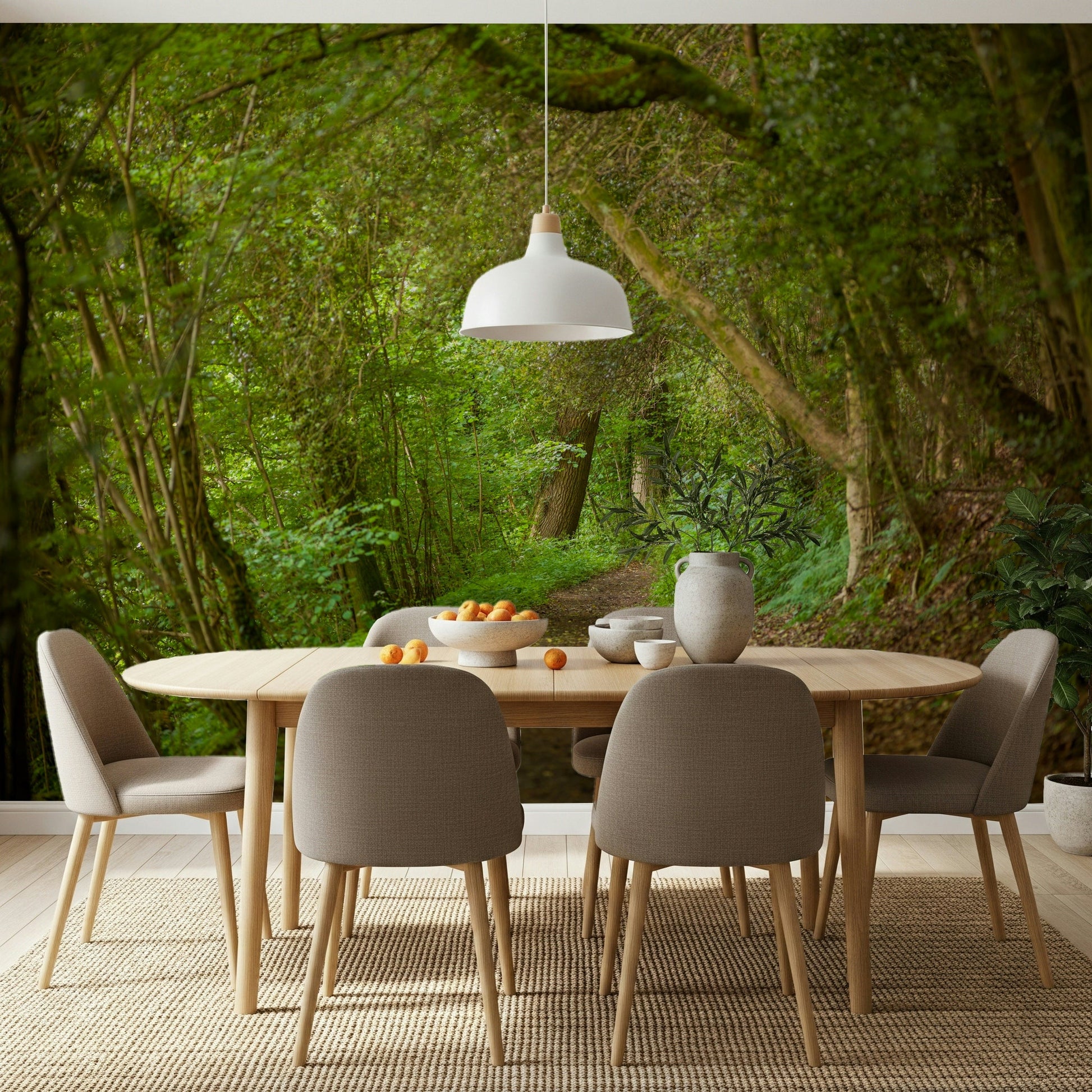 Naturalist kitchen background featuring Emerald Forest Journey Wall Mural.