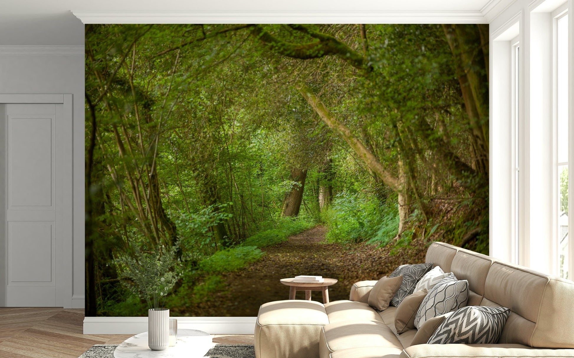 Emerald Forest Journey Wall Mural creating an immersive lounge.