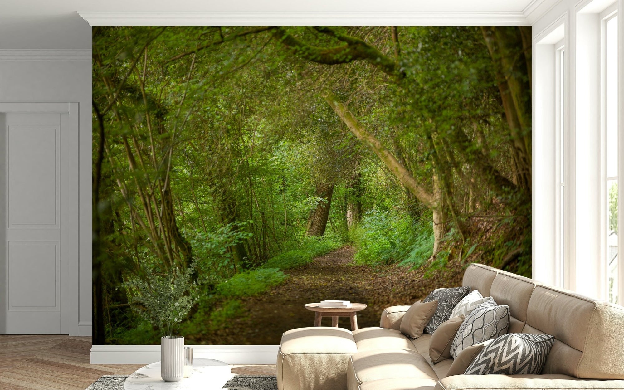 Emerald Forest Journey Wall Mural creating an immersive lounge., GD6416