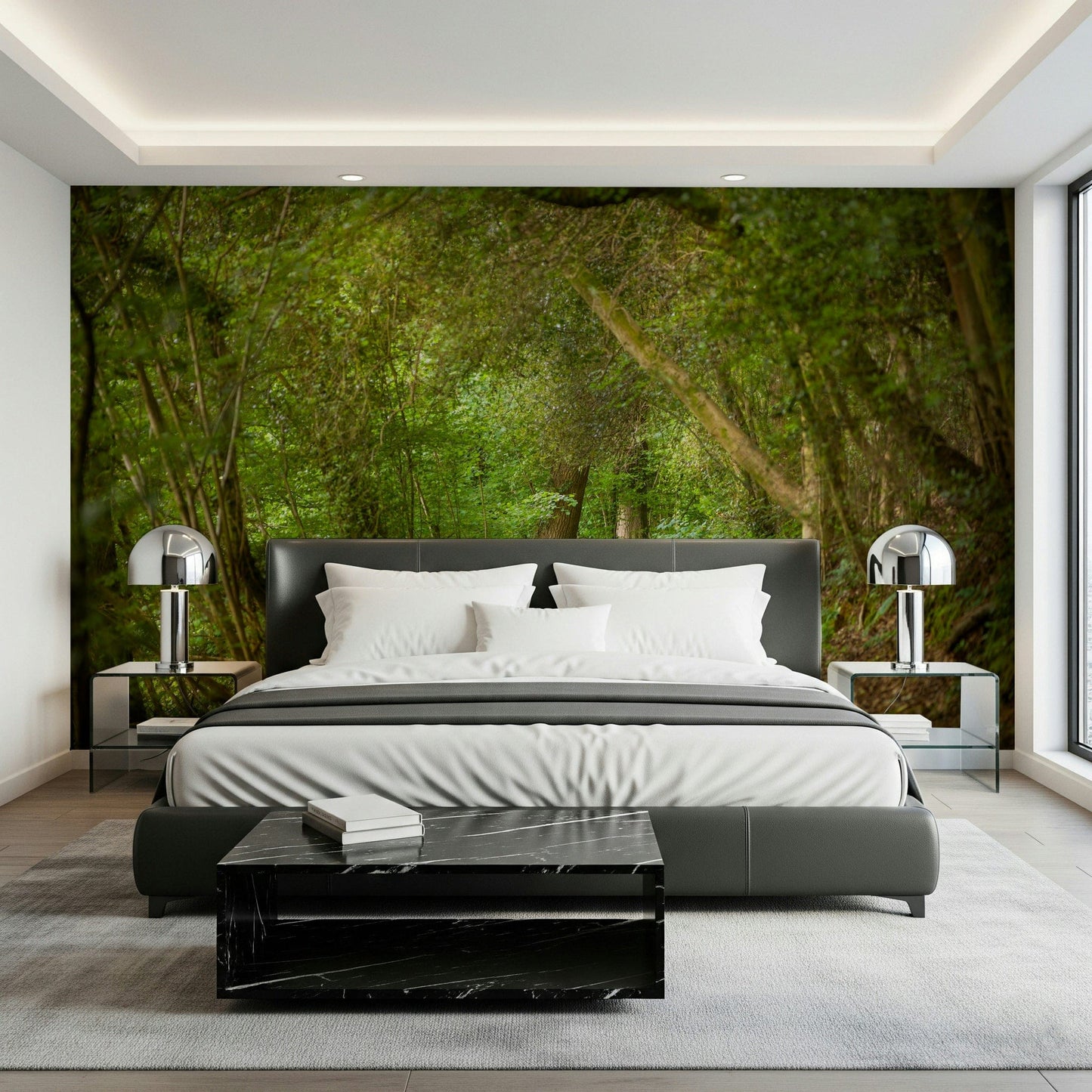 Artistic bedroom backdrop with Emerald Forest Journey Wall Mural.