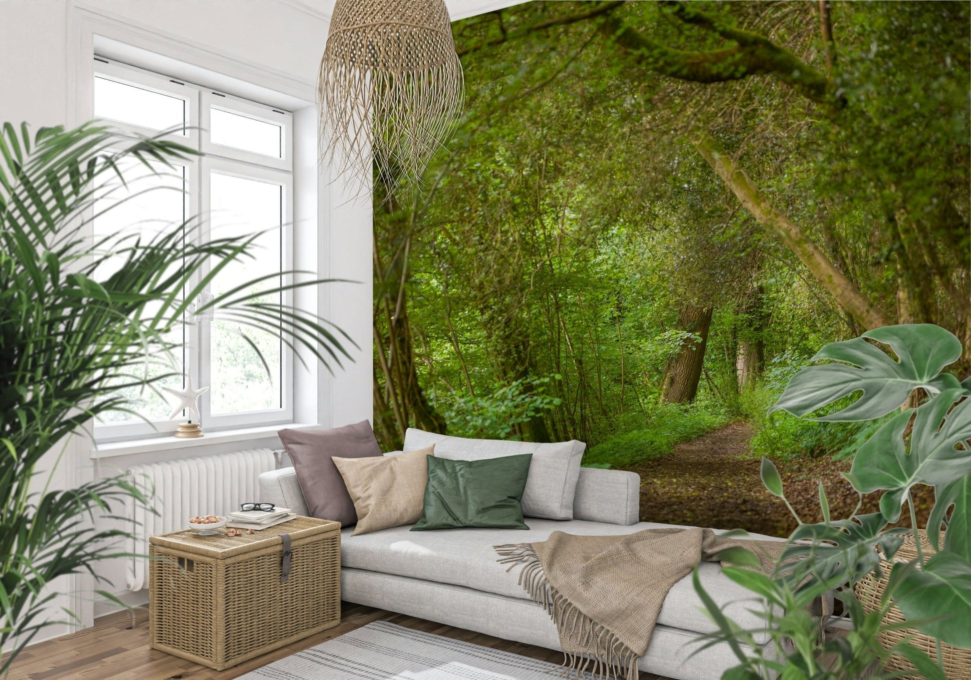 Modern furniture against Emerald Forest Journey Wall Mural design.