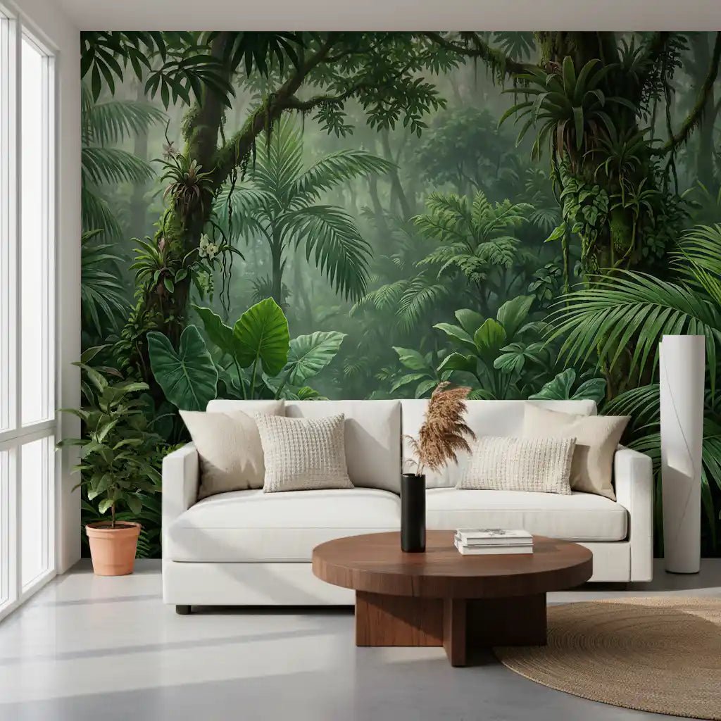 Living room area with the Forest Trail wall mural backdrop GD9516