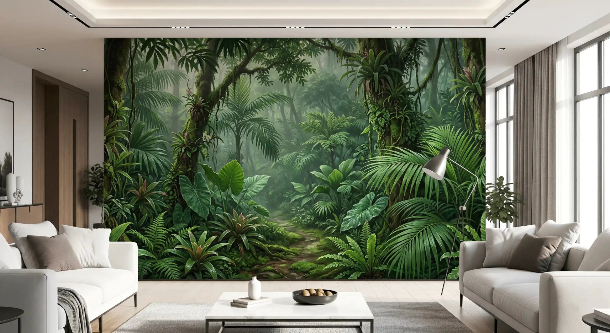 Lounge space showcasing the Emerald Forest wall muralGD9516