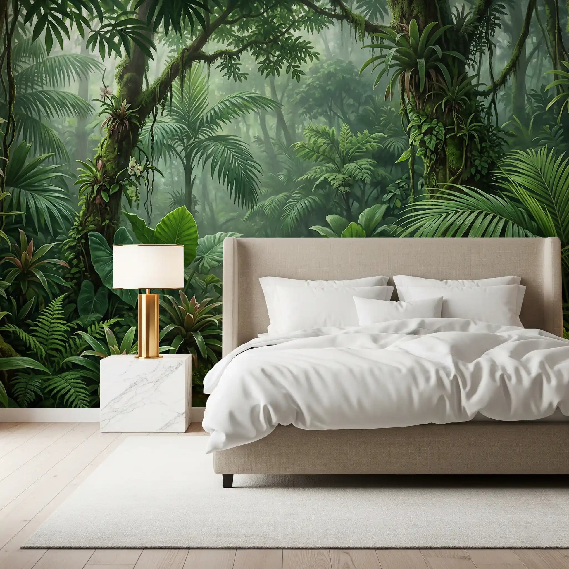 Bright bedroom with an Emerald Forest wall mural focal pointGD9516
