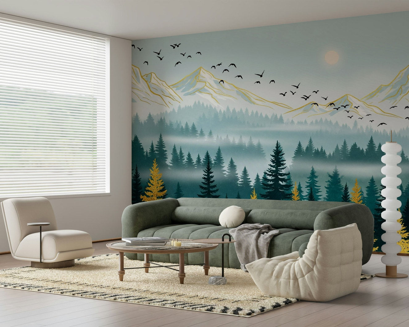 Emerald Forest wallpaper for walls featuring golden peaks.