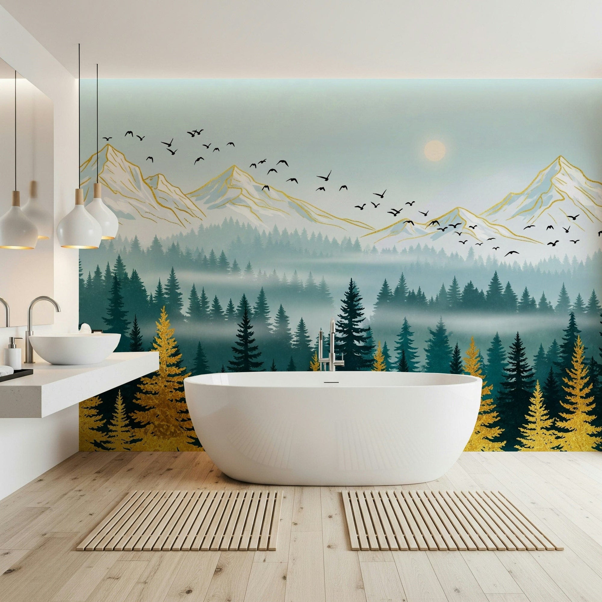 Emerald Forest wallpaper mural showcasing soaring mountain birds., GD7492
