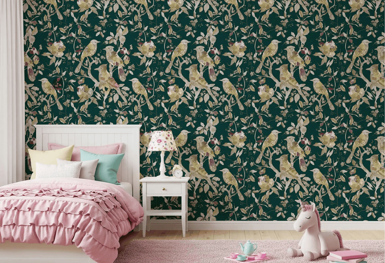 Girls Bedroom with Emerald Garden Birds wallpaper in deep green and blossom detail