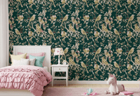 Girls Bedroom with Emerald Garden Birds wallpaper in deep green and blossom detail