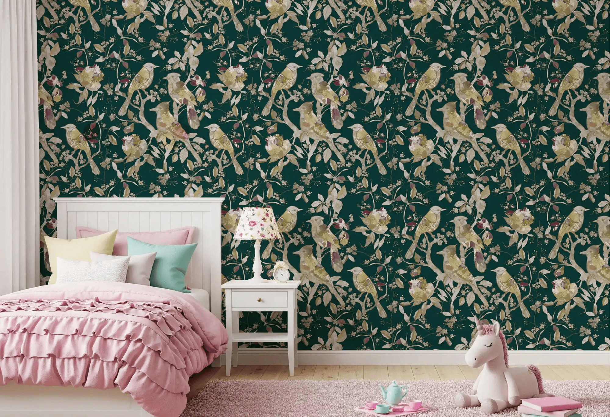 Girls Bedroom with Emerald Garden Birds wallpaper in deep green and blossom detail, GD9469