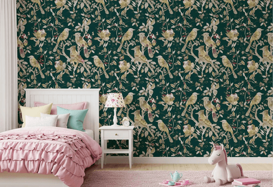 Girls Bedroom with Emerald Garden Birds wallpaper in deep green and blossom detail