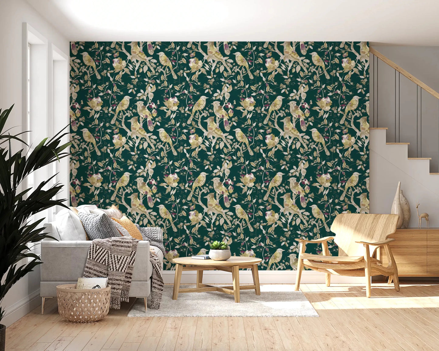 Living room Emerald Garden Birds wallpaper with vintage birds and floral branches