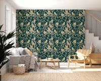 Living room Emerald Garden Birds wallpaper with vintage birds and floral branches