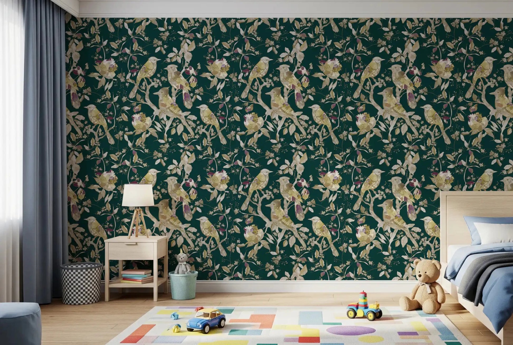 Vintage bird wallpaper in emerald green with blossoms and heritage branch detail