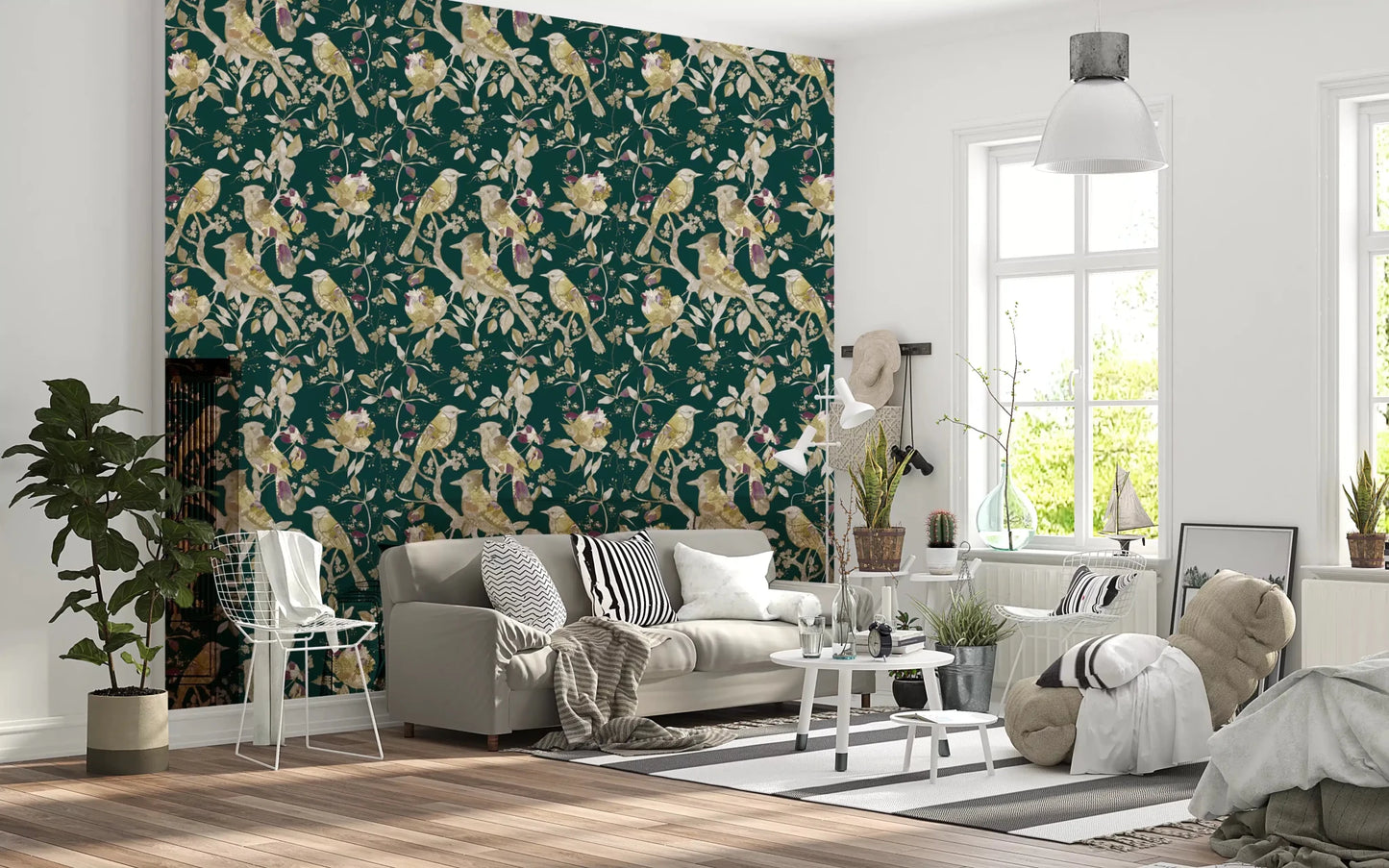 Hallway styled in Emerald Garden Birds wallpaper with classic bird pattern