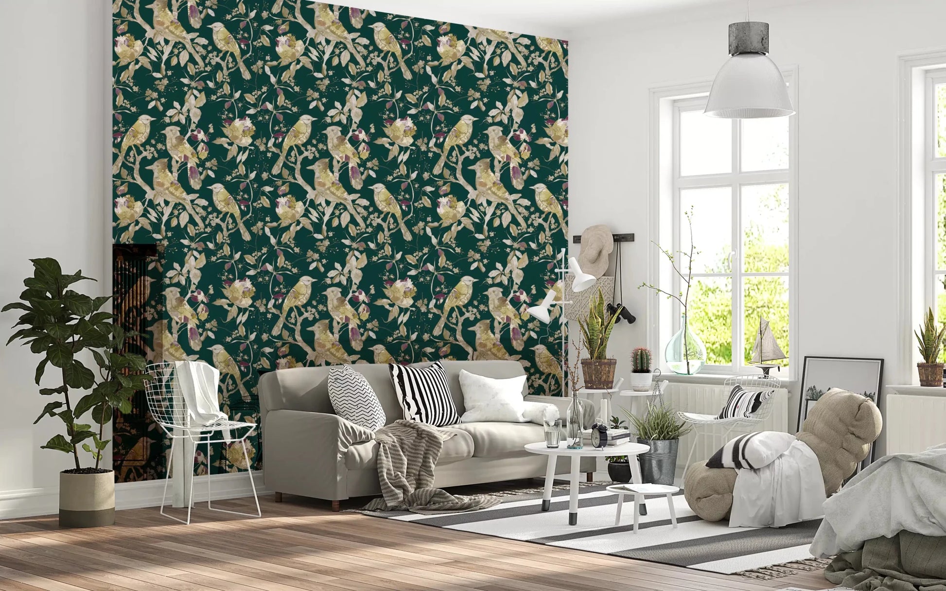 Hallway styled in Emerald Garden Birds wallpaper with classic bird pattern
