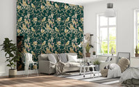 Hallway styled in Emerald Garden Birds wallpaper with classic bird pattern