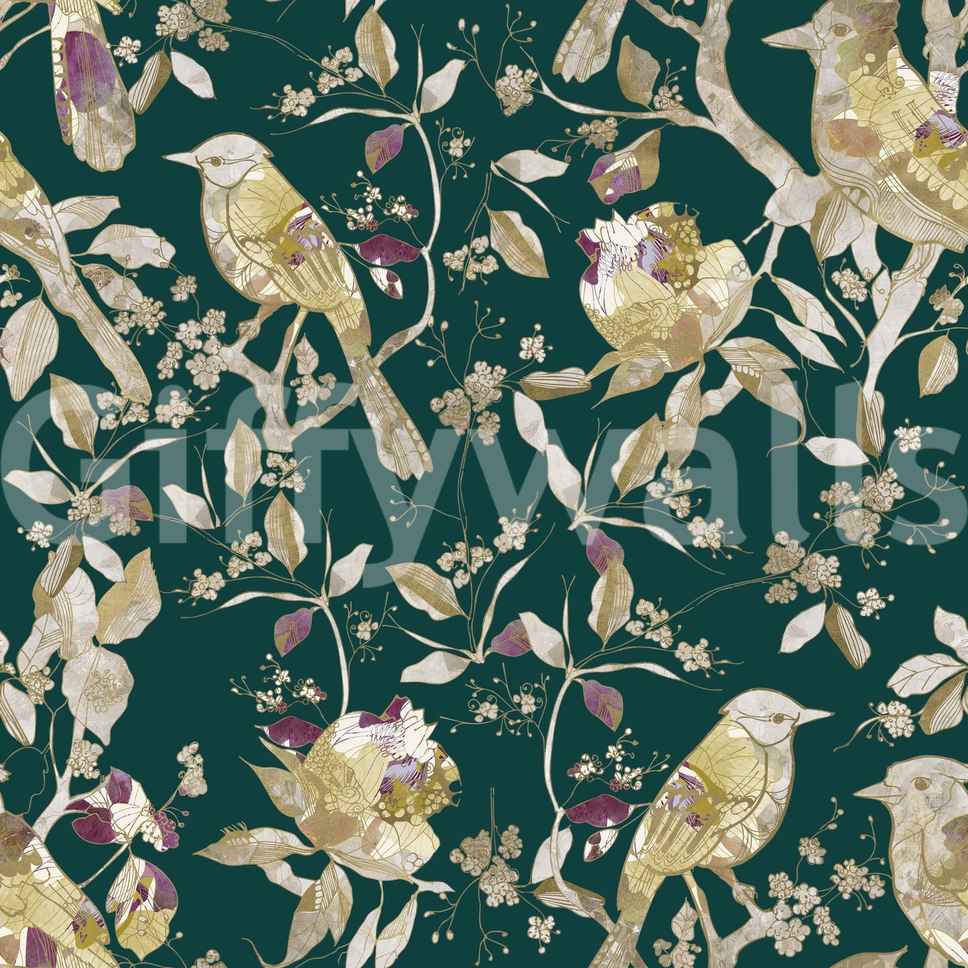 Emerald bird wallpaper with vintage blossom trail and graceful branch pattern