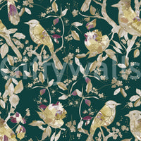 Emerald bird wallpaper with vintage blossom trail and graceful branch pattern