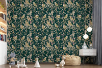 Decorative Emerald Garden Birds wallpaper with elegant floral and bird artwork