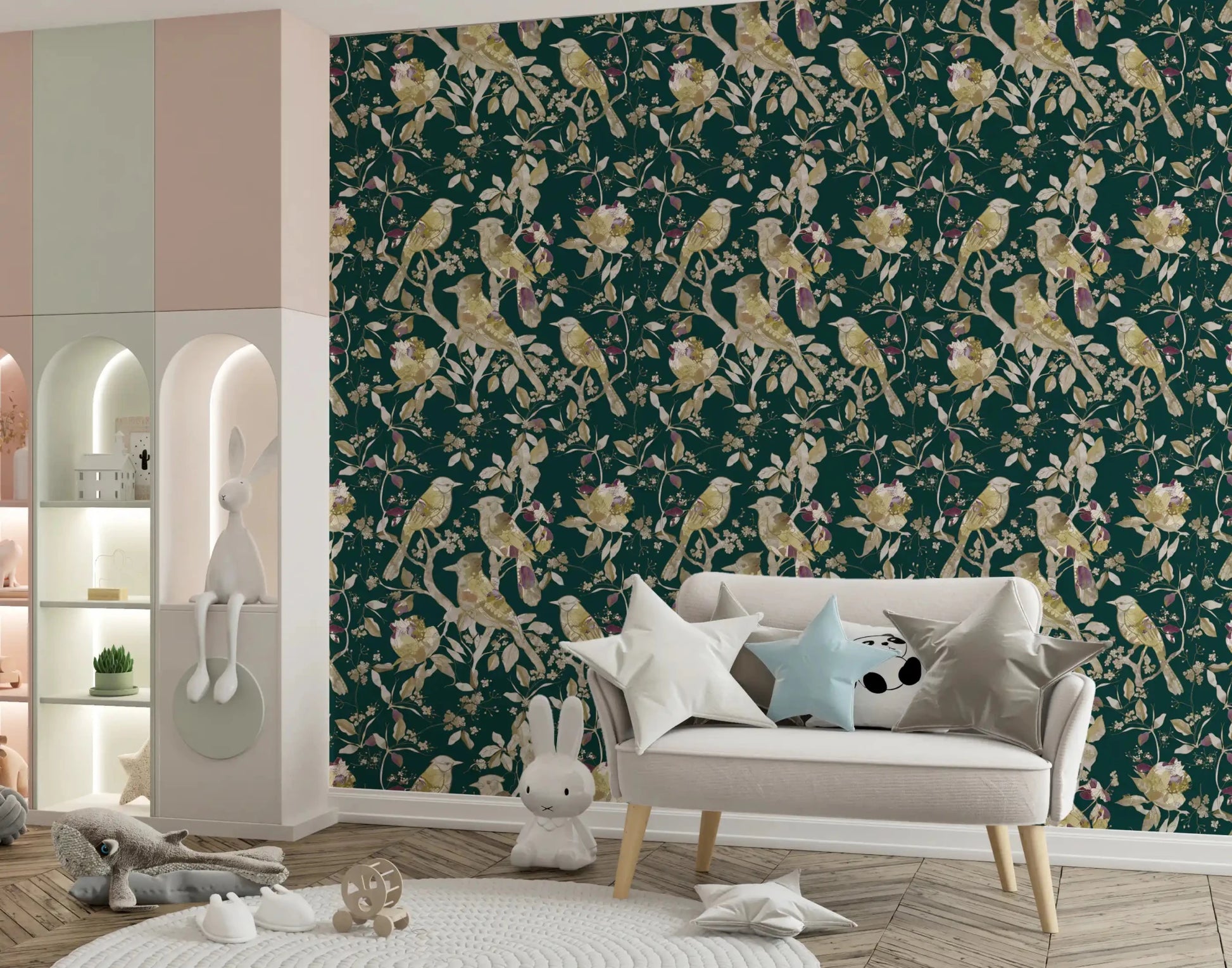 Emerald Garden Birds wallpaper with gold birds, floral stems, and rich green base