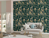Emerald Garden Birds wallpaper with gold birds, floral stems, and rich green base