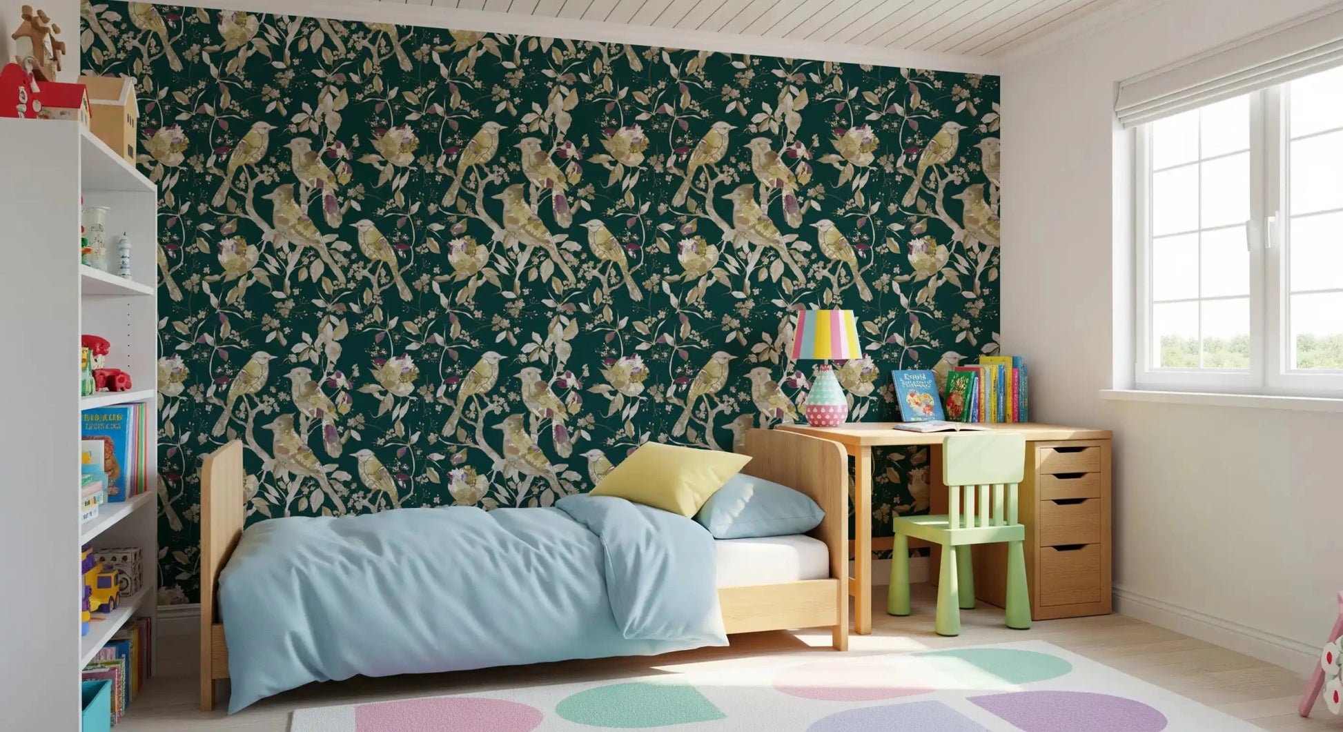 Deep green wallpaper showing heritage birds, blossoms, and fine leaf detailing