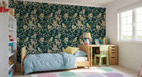 Deep green wallpaper showing heritage birds, blossoms, and fine leaf detailing