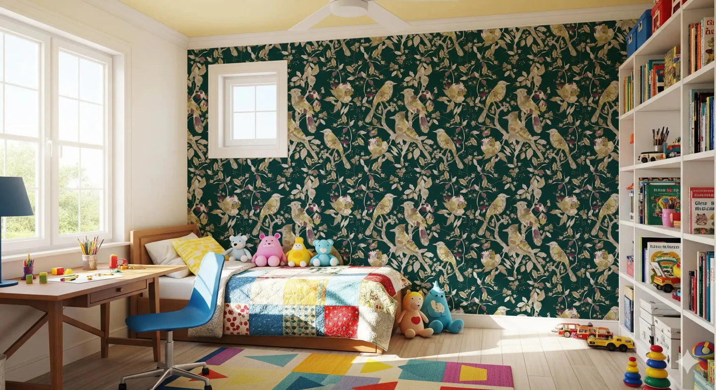 Floral bird wallpaper with emerald garden styling and soft antique-inspired tones